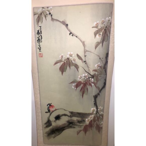 Unbranded Other - Vintage Asian Silk Scroll Bird Blossom Painting Kakejiku Wall Art w Box